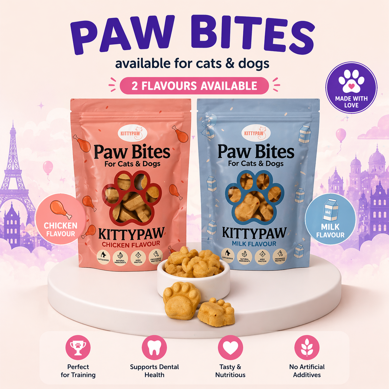 Cat & Dog Treat Bundle | Crunchy Biscuits, Treat Sticks & Meal Topper | Chicken, Milk & Egg Yolk Natural Snacks