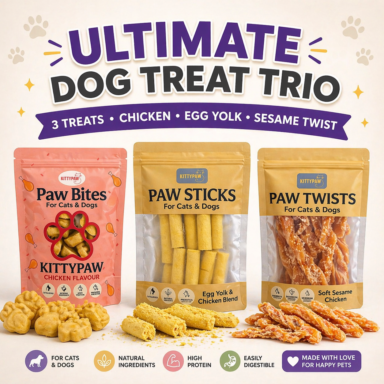 Ultimate Dog Treat Trio | Chicken, Egg Yolk & Sesame Dog Treat Bundle | Natural High Protein Soft Chews for Dogs